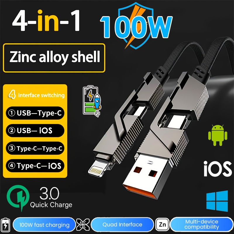 100W Fast Charge Cable 4-in-1 Data Sync Cord USB Cable Charger Type-C ...