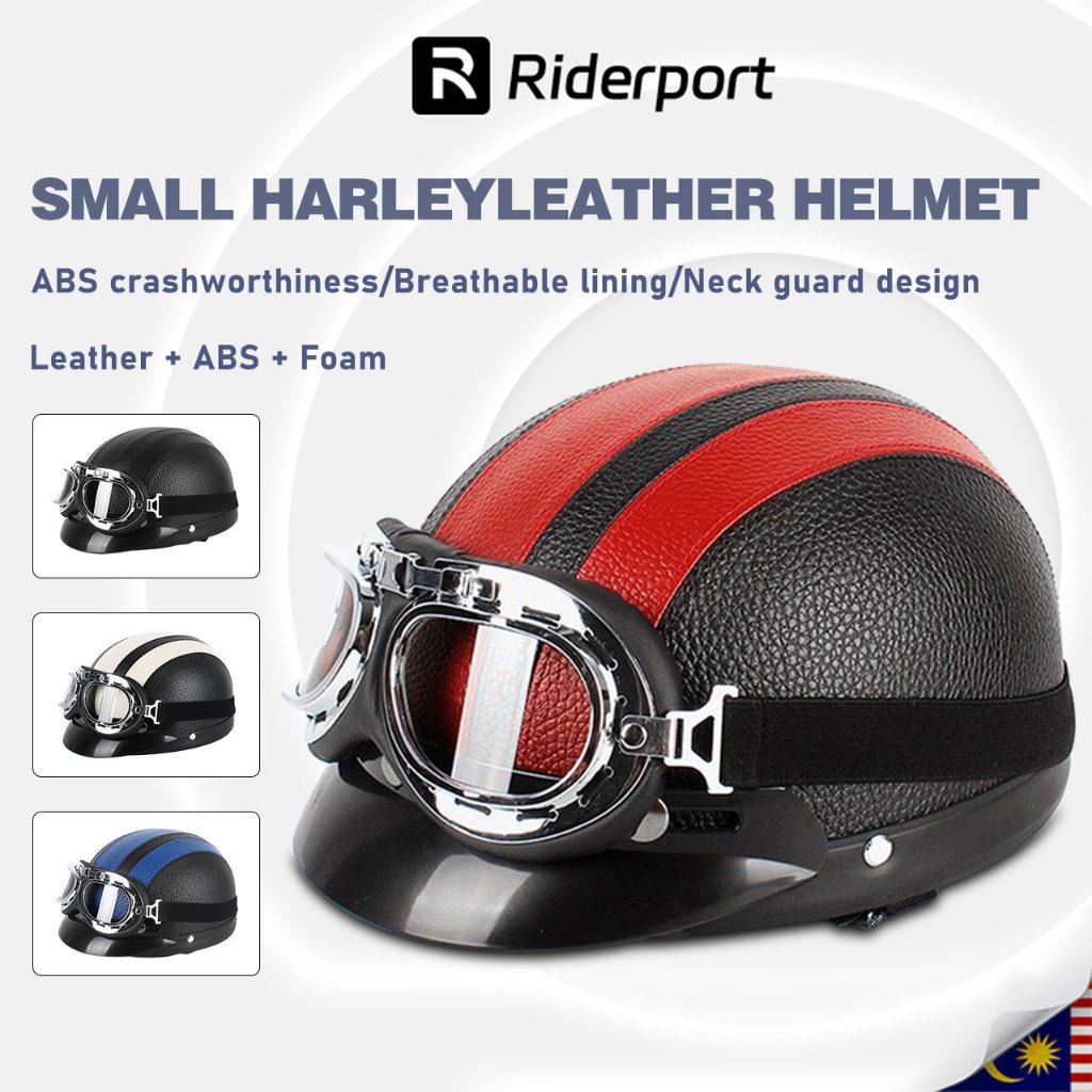 Motorcycle Harley Helmets Retro Synthetic Leather Half Open Face Helmet with Goggles Visor Biker Scooter Shopee Malaysia