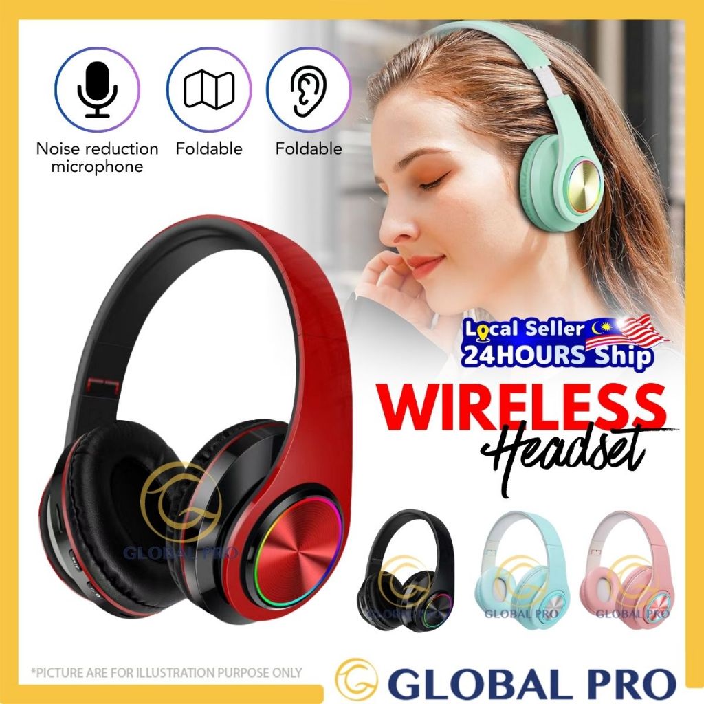 B39 WIRELESS HEADSET Bluetooth V5.0 Colorful LED Bass Stereo Portable ...