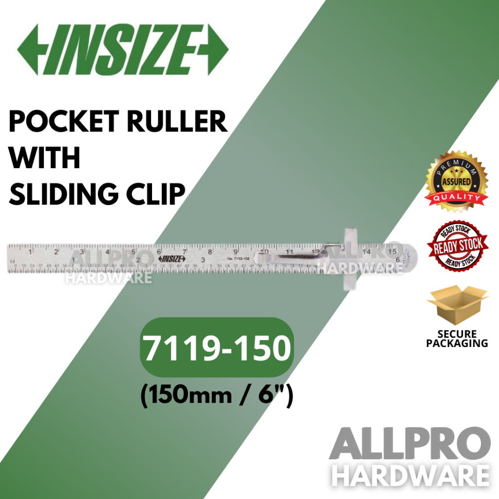 INSIZE 7119-150 POCKET RULLER WITH SLIDING CLIP (150mm/6