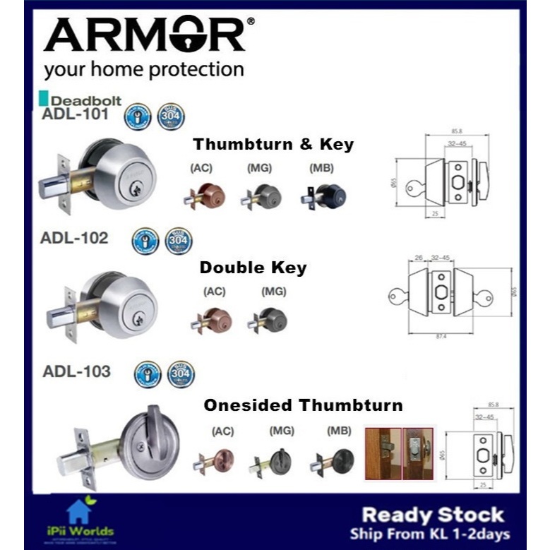 iPii ARMOR Stainless Steel SUS304 Deadbolt Lock 60-70MM / DOUBLE KEY ...