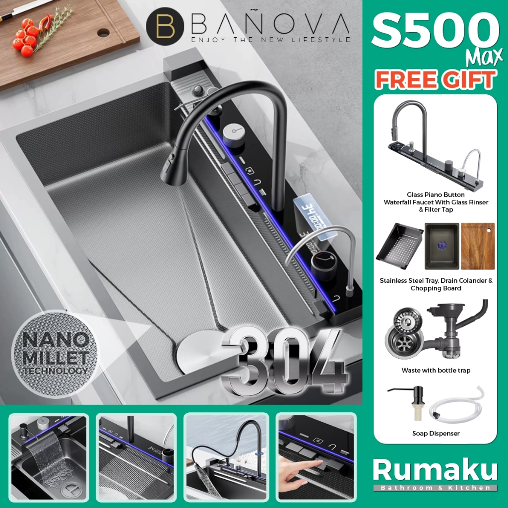 BANOVA 304 Stainless Steel Flying Rain Waterfall Nano Millet Embossed ...