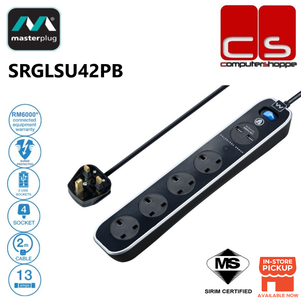 Masterplug Surge Protector 4 Gang 2 USB 2 Meter Extension Leads ...