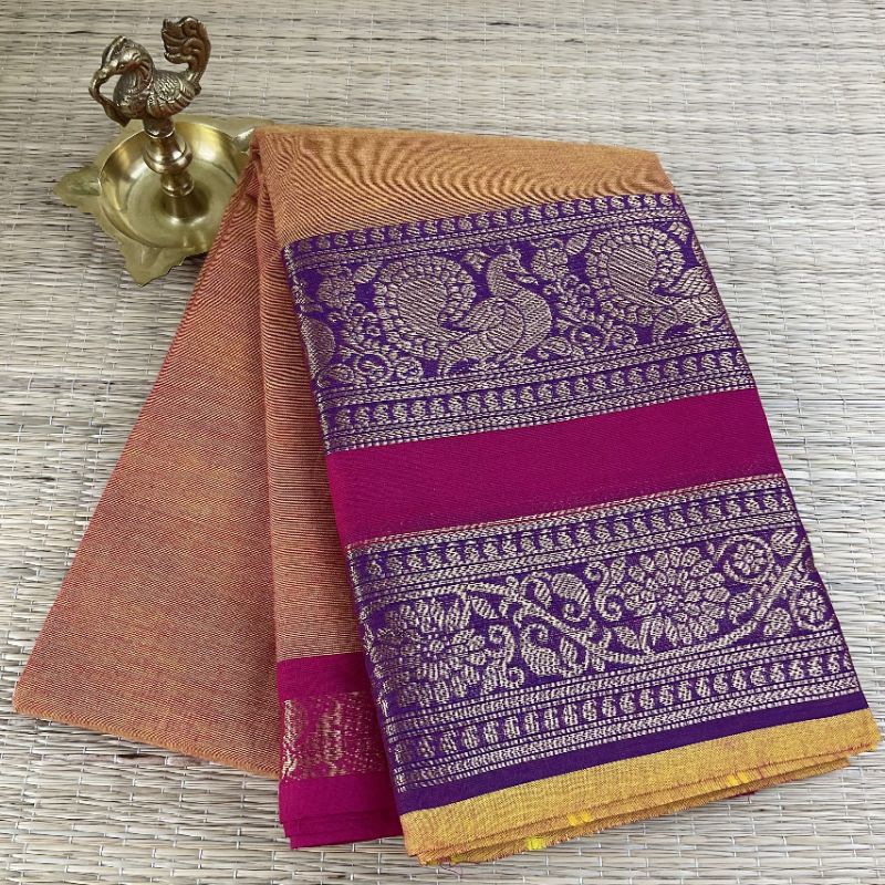 Kanchi Cotton Saree x  Dual Gap Border : Olive x Navy Blue
