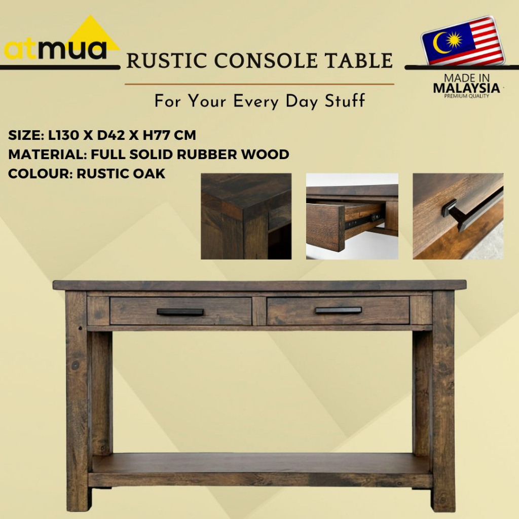 Atmua Furniture Rustic Console Table Full Solid Rubber Wood Living Room ...
