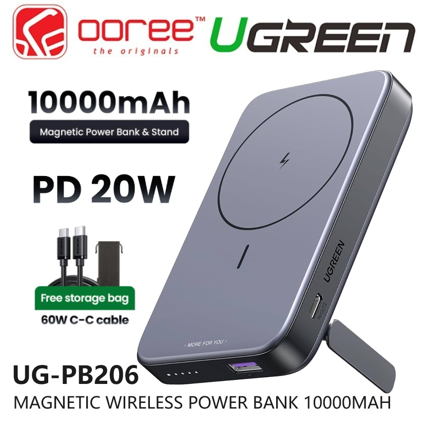 UGREEN PB206 WIRELESS POWER BANK 10000MAH PD20W MAGNETIC BATTERY PACK  POWERBANK WITH FOLDABLE KICK STAND - GREY