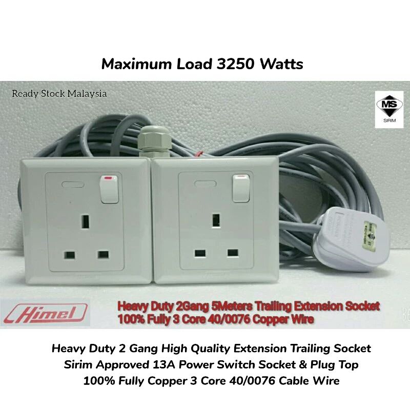 Heavy Duty 2Gang 3/5/7/10 Meters Cable Trailing Extension Socket ...