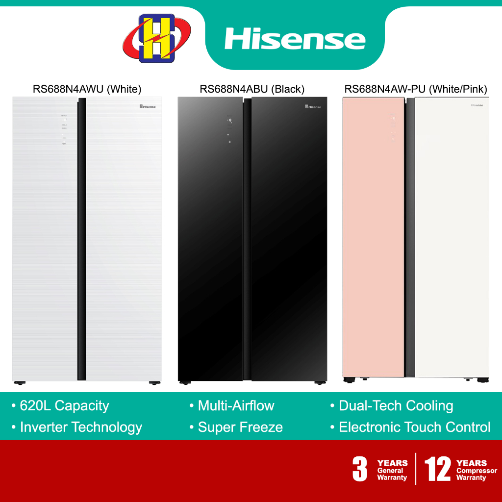 Hisense Refrigerator (620L) Inverter Side by Side Fridge RS688N4AWU