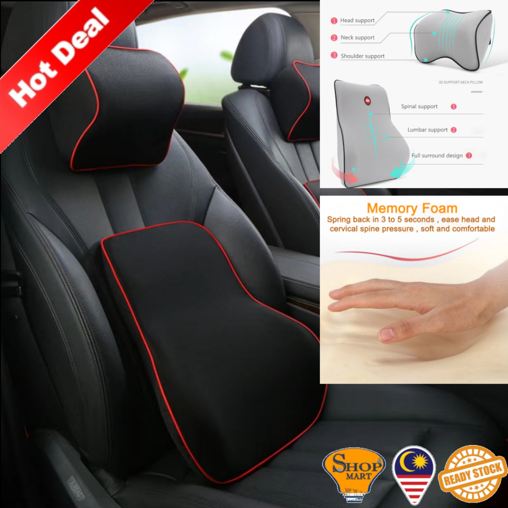 Car Seat Cushion Lumbar Back Seat Head Neck Rest Headrest Support PU  Leather Memory Foam Black - Main Image