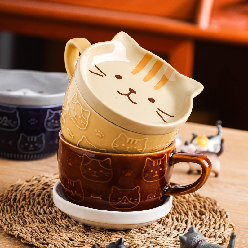 Japanese Style Cat Ceramic Mug Cup With Cover Saucer Kitten Cute
