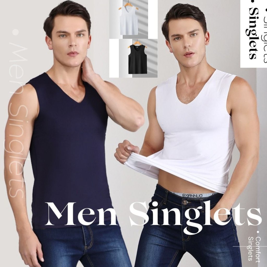 Men Adult Plain Color V-neck Singlet Baju Inner Lelaki Men Singlet ...
