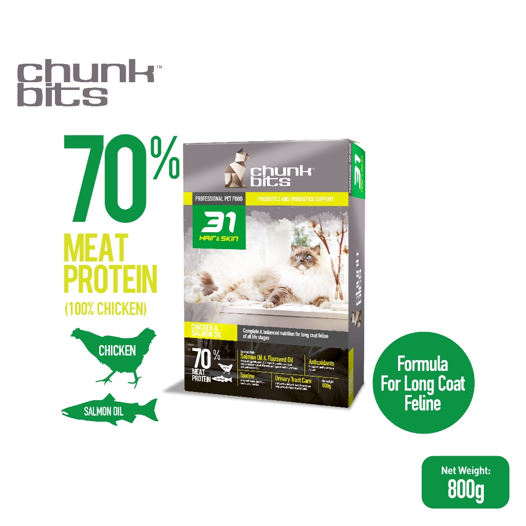 CHUNKBITS Hair & Skin 31 Cat Dry Food - Chicken & Salmon Oil (800g ...