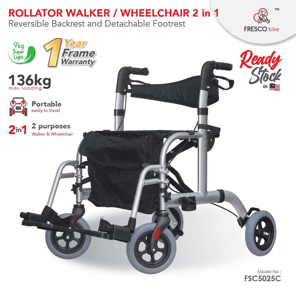 Fresco 9kg Rollator Walker 2 in 1 Wheelchair Reversible Backrest and