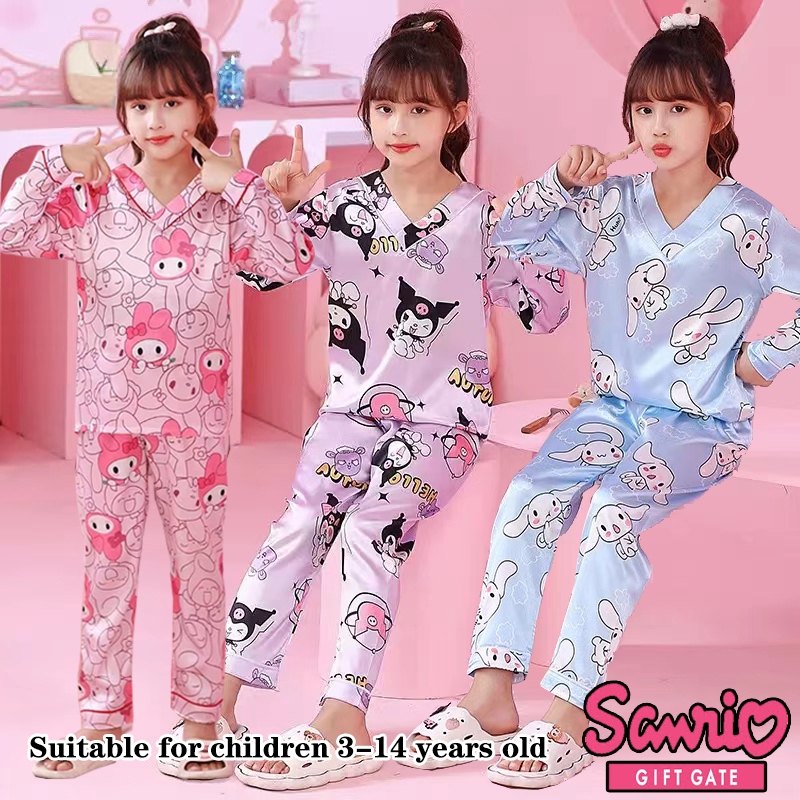 Pyjamas Kids baby girl clothing Sanrio Kuromi Melody Cinnamoroll Girl Sleepwear  Cute Cartoon Printing Satin Silk Pajamas