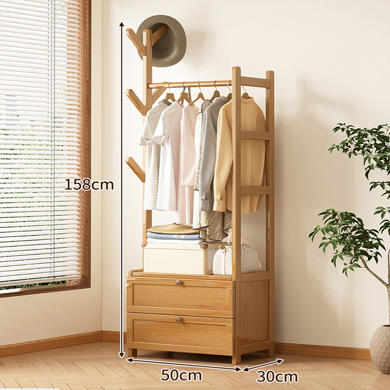 ardrobe Wood Clothes Rack With drawer Bamboo Multifunction Hat Coat