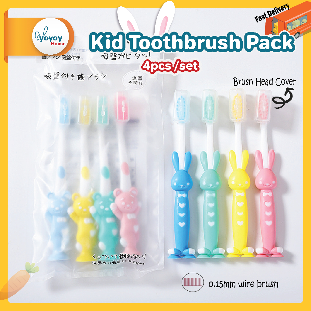 [Ready Stock] 4pcs Kid Toothbrush Set Cartoon Bear Rabbit Brush with ...
