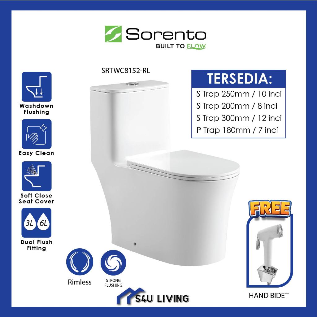 [SORENTO ONE PIECE WC] SRTWC8152-RL toilet bowl rimless design water ...