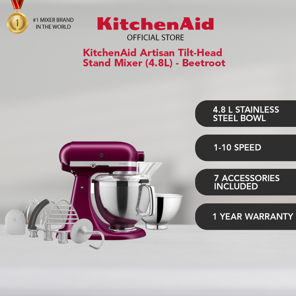 KitchenAid Tilt Head Stand Mixer + Pastry Beater Attachment - Beetroot, Reliable Warranty