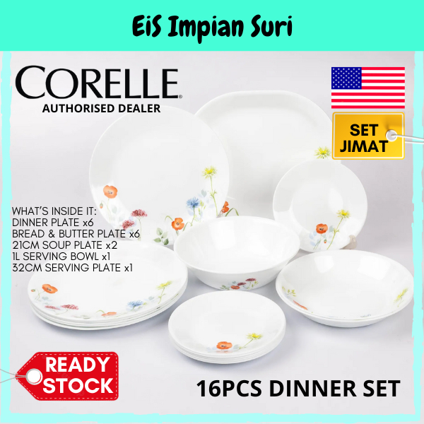 (Ready Stock!!) Corelle Daisy Field 16pcs Dinnerware Set Livingware Dinner Serve Set Tableware