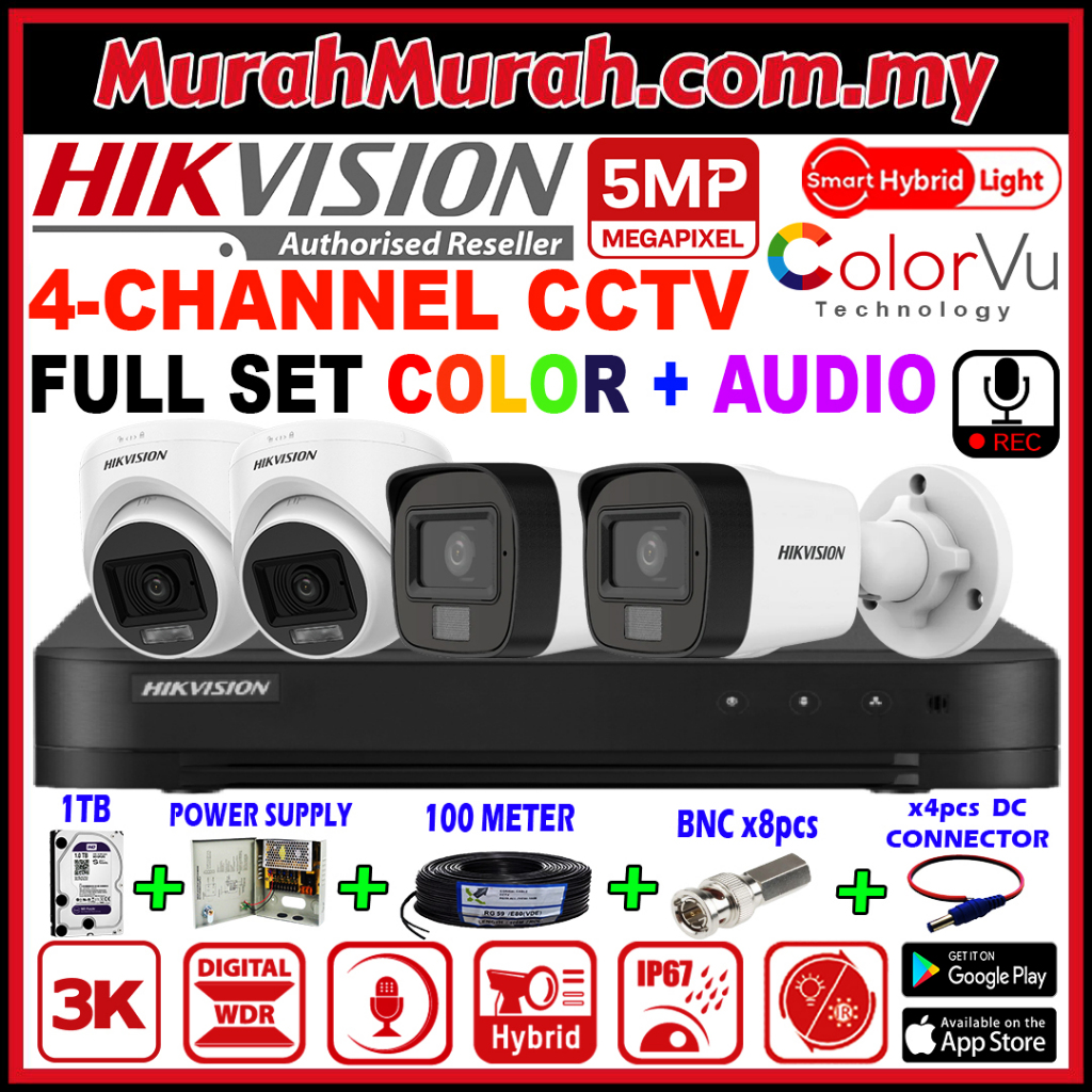 HIK HIKVISION 🌟4CHANNEL🌟 5MP COLORVU/AUDIO 5.0MP Full Set Colour 4CH