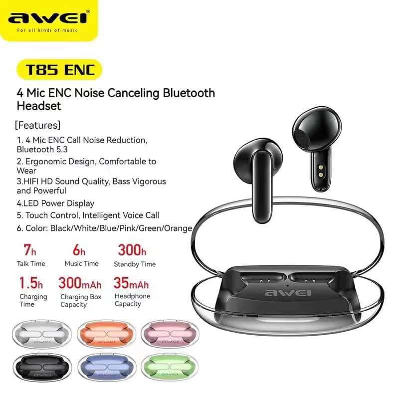 AWEI T85 ENC TWS Wireless Bluetooth V5.3 Sport Earbuds ENC Noise