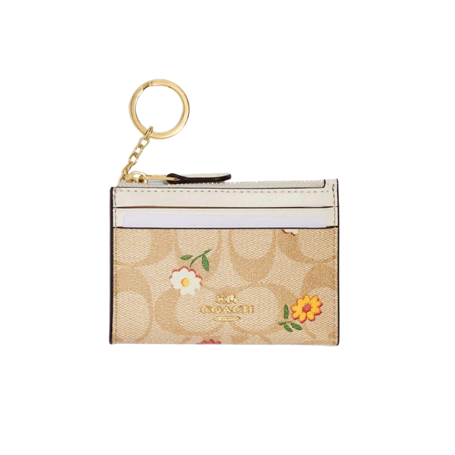 Coach Mini Skinny Id Case Ch481 Signature Canvas With Nostalgic Ditsy Print In Light Khaki Multi