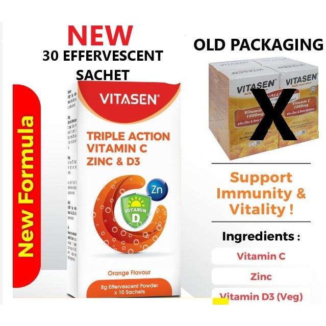 VITASEN Triple Action Vitamin C, Zinc & D3 (vege) Effervescent Sachet ...
