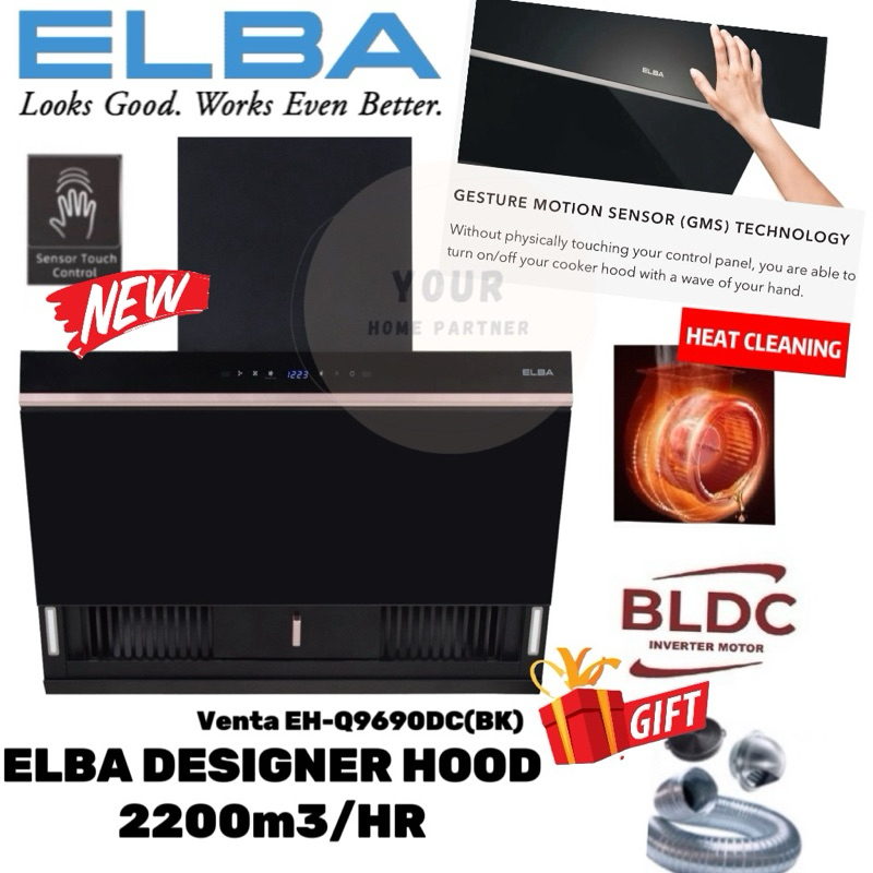 Elba Designer Cooker Hood 2200M3/HR EHQ9690DC(BK)Gesture Motion