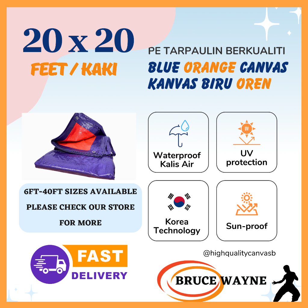 20'X20' Blue Orange Tarpaulin Waterproof Canvas Canopy, Kanvas Khemah, Kolam, Tutup Kereta Lori Atap, Camping, Flysheet