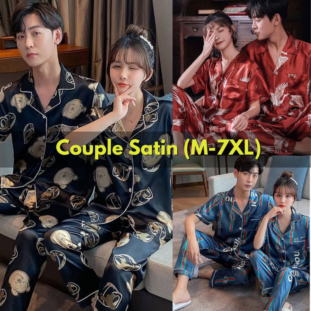 M-7XL Plus Size Men Short Sleeve Baju Tidur Lelaki Couple Satin Pyjamas  Nightwear Sleepwear Unisex Pajamas Pijamas Set