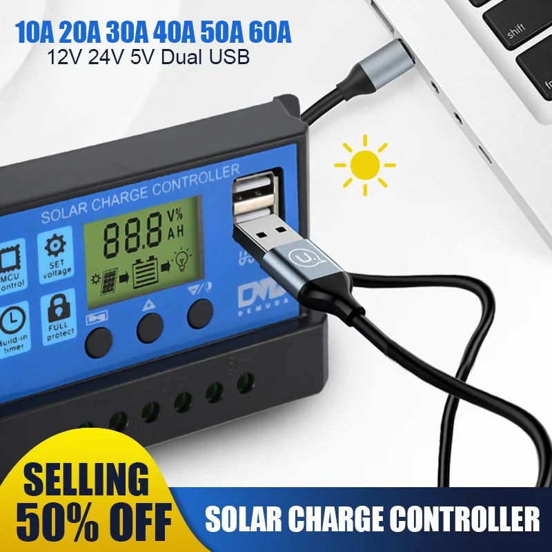 10A 20A 30A Solar Charge Controller 12V 24V Auto PWM 5V Output ...