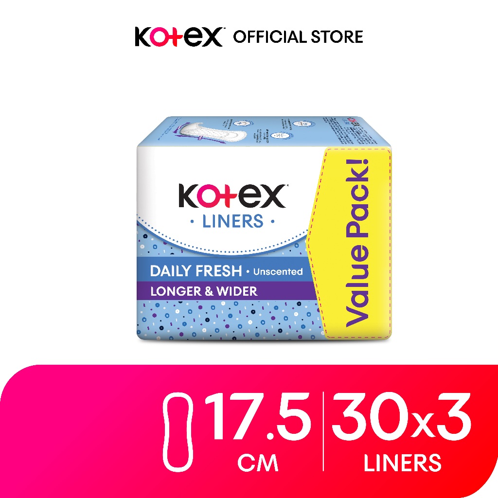 Kotex Panty Liners Longer & Wider Unscented (30 pcs x 3 Packs) Shopee