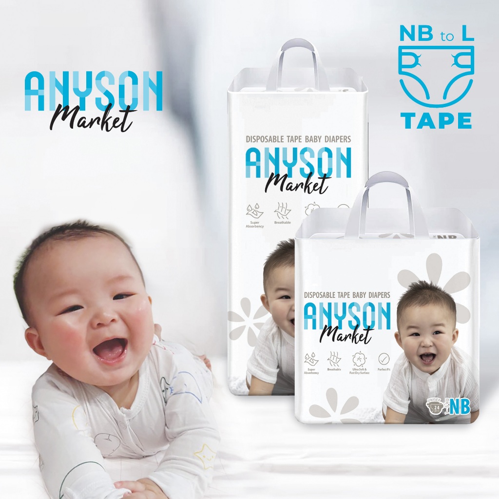 Anyson Market Disposable Tape Baby Diapers - NB24 | S38 | M34 | L32 ...