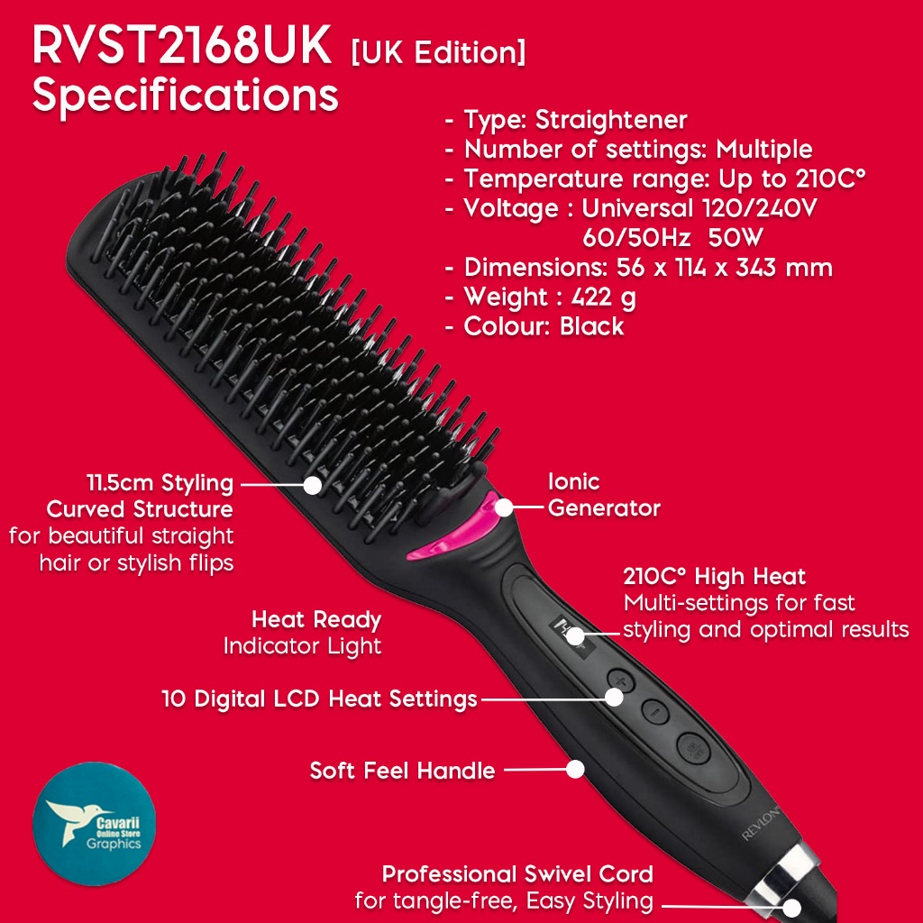 Revlon RVST2168 Salon One Step Straight and Shine XL Heated Hair Brush US EU Edition Shopee Malaysia