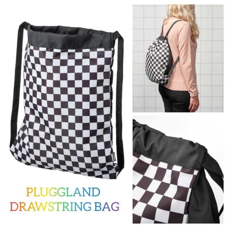 💥READY STOCK💥IKEA PLUGGLAND DRAWSTRING BAG CHECK PATTERN Shopee Malaysia