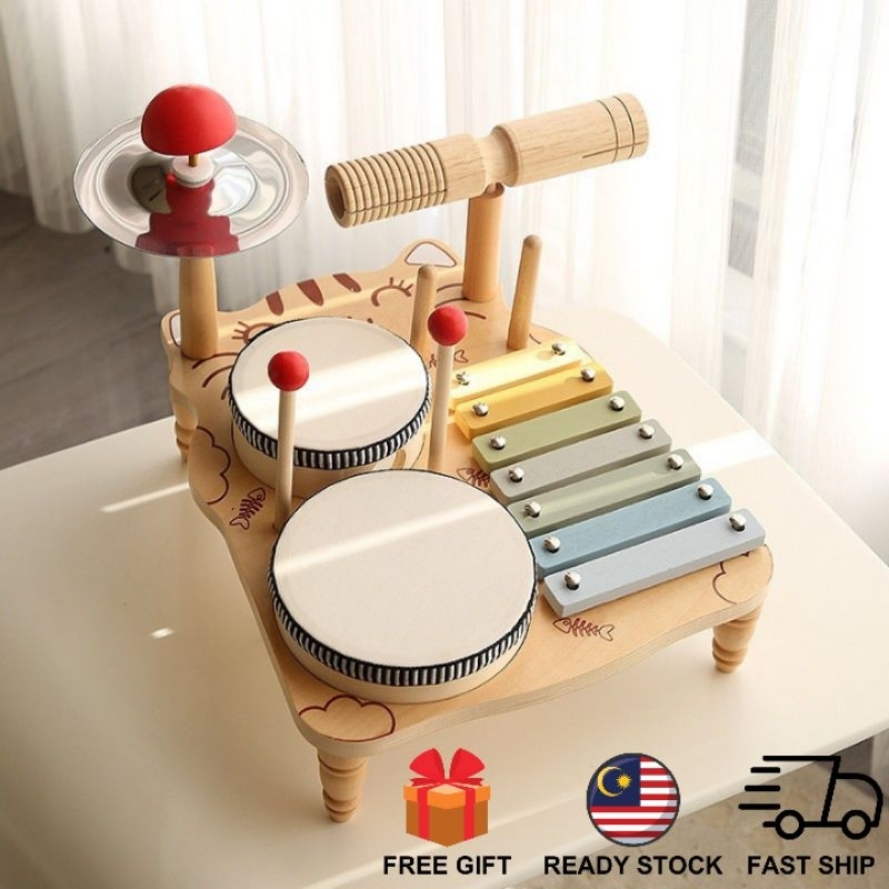 Wooden Kids Drum Set Toddler Xylophone Musical Toys Percussion