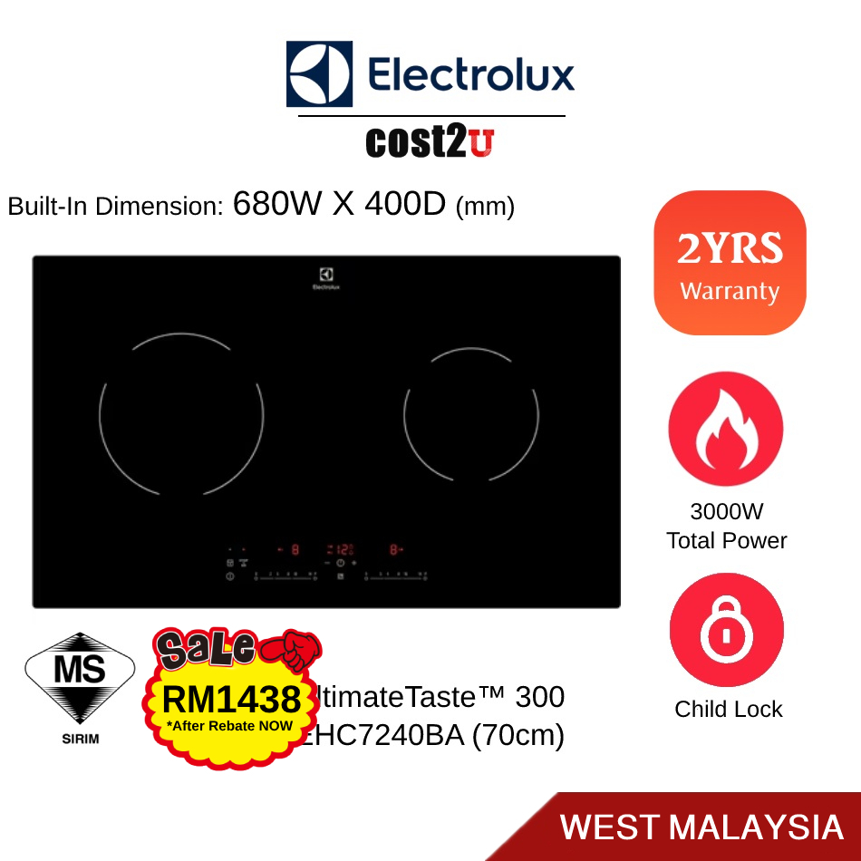 Electrolux 70cm UltimateTaste 300 Builtin Ceramic Hob with 2 Zone EHC7240BA (Ceramic Cooker