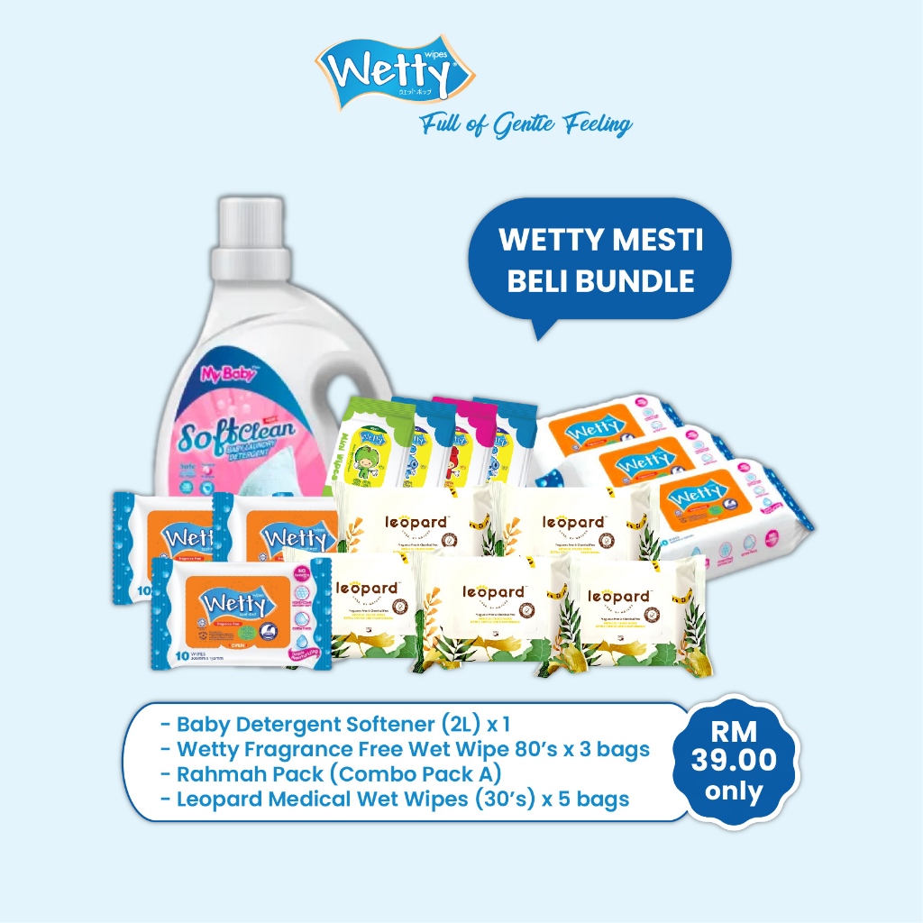 Wetty Mesti Beli Bundle Baby Detergent, Fragrance Free Wet Wipes, Mini Wipes, Leopard Medical
