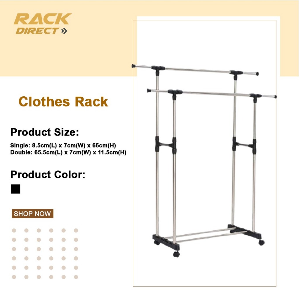 𝐑𝐚𝐜𝐤 𝐃𝐢𝐫𝐞𝐜𝐭 Single/Double Pole Drying Clothes Rack Garment Rack Wheel ...