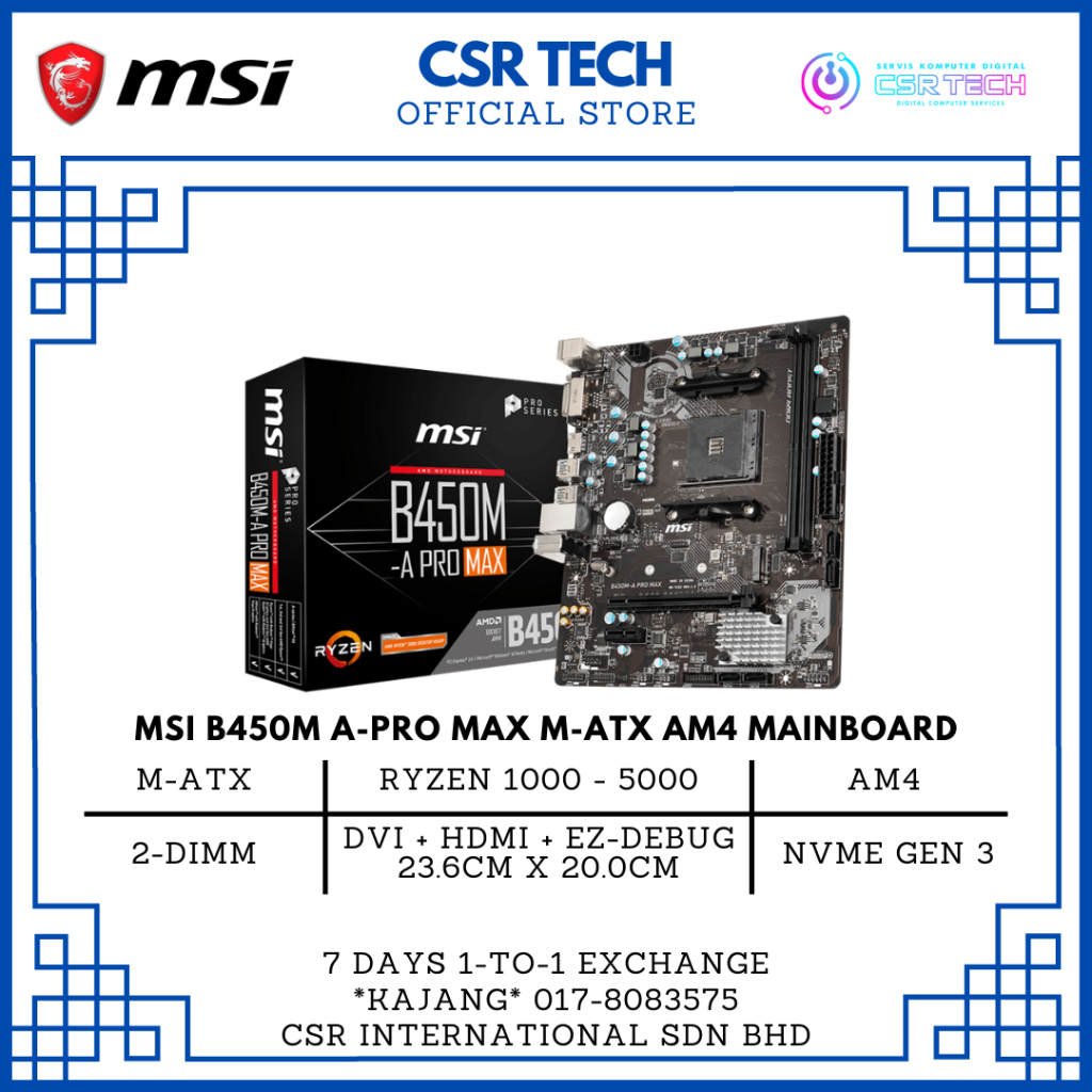 [CSR TECH] MSI B450M A-PRO MAX M-ATX DDR4 AM4 AMD RYZEN MOTHERBOARD ...