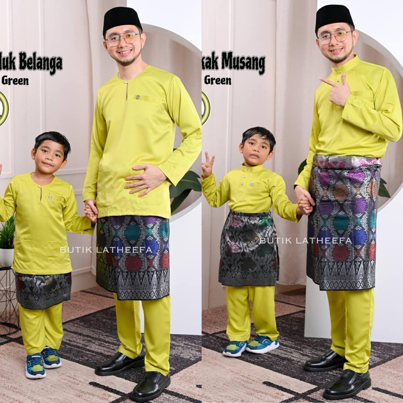 Lime Green Hijau Pucuk Baju Melayu Teluk Belanga Dewasa Budak Lelaki