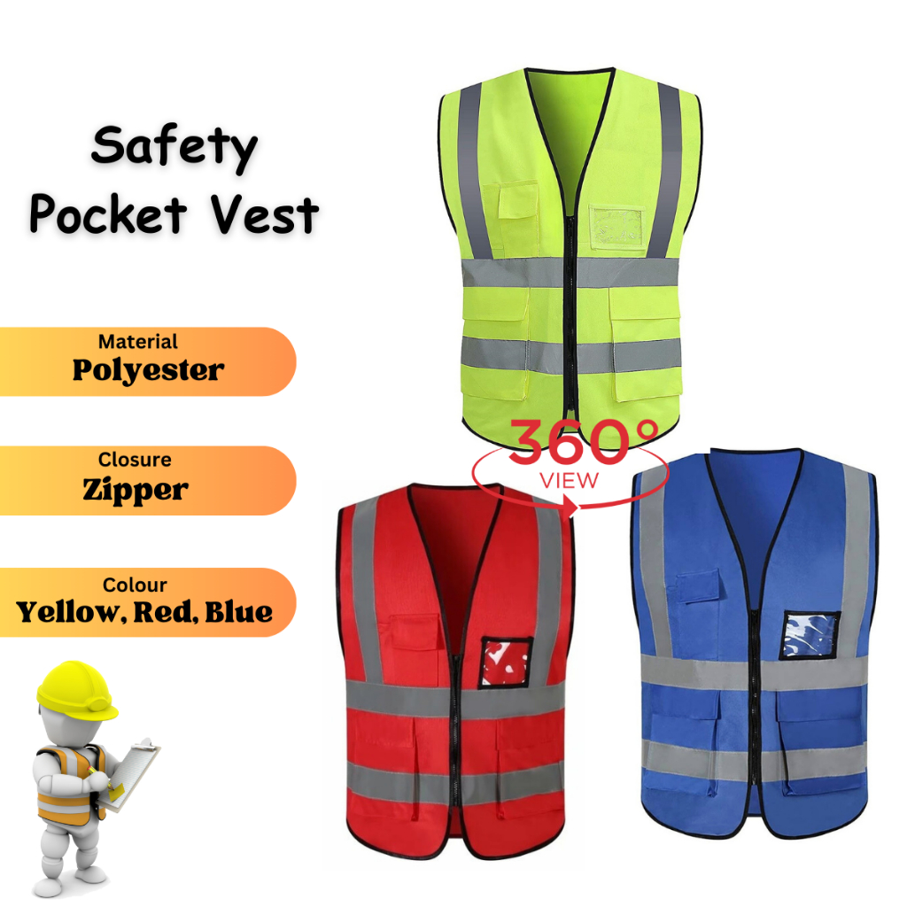360° High Visibility Reflective Safety Zipper Vest Multi Pockets ...