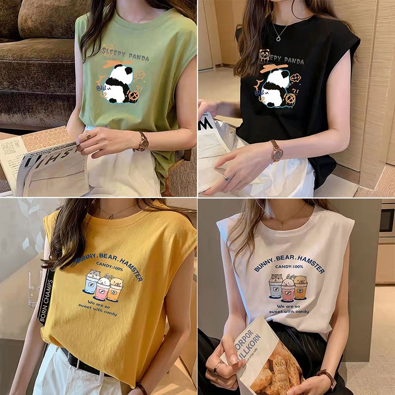 summer new sleeveless shirt oversize t shirts women clothes casual korean style loose tops Baju Wanita printed Shopee Malaysia