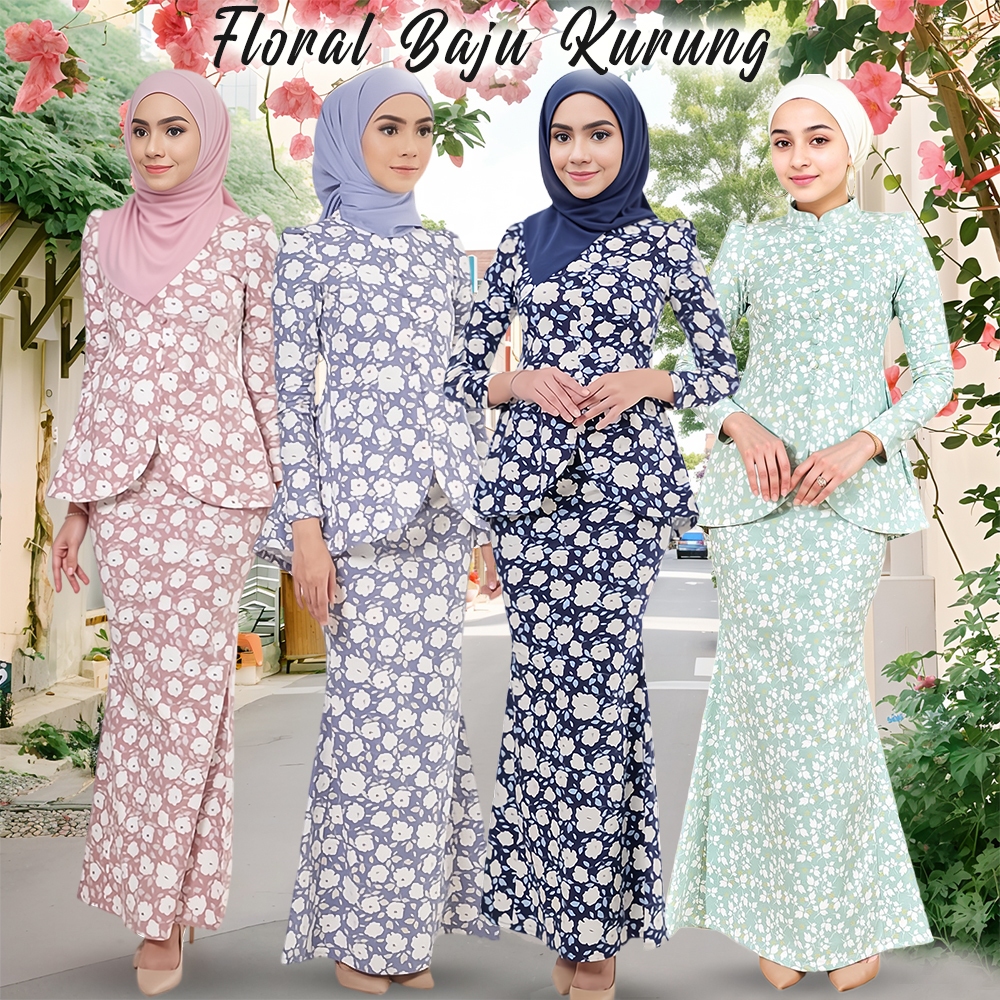 Sarah Kurung Floral Baju Kurung Moden Baju Raya 2024 Polyester Cotton