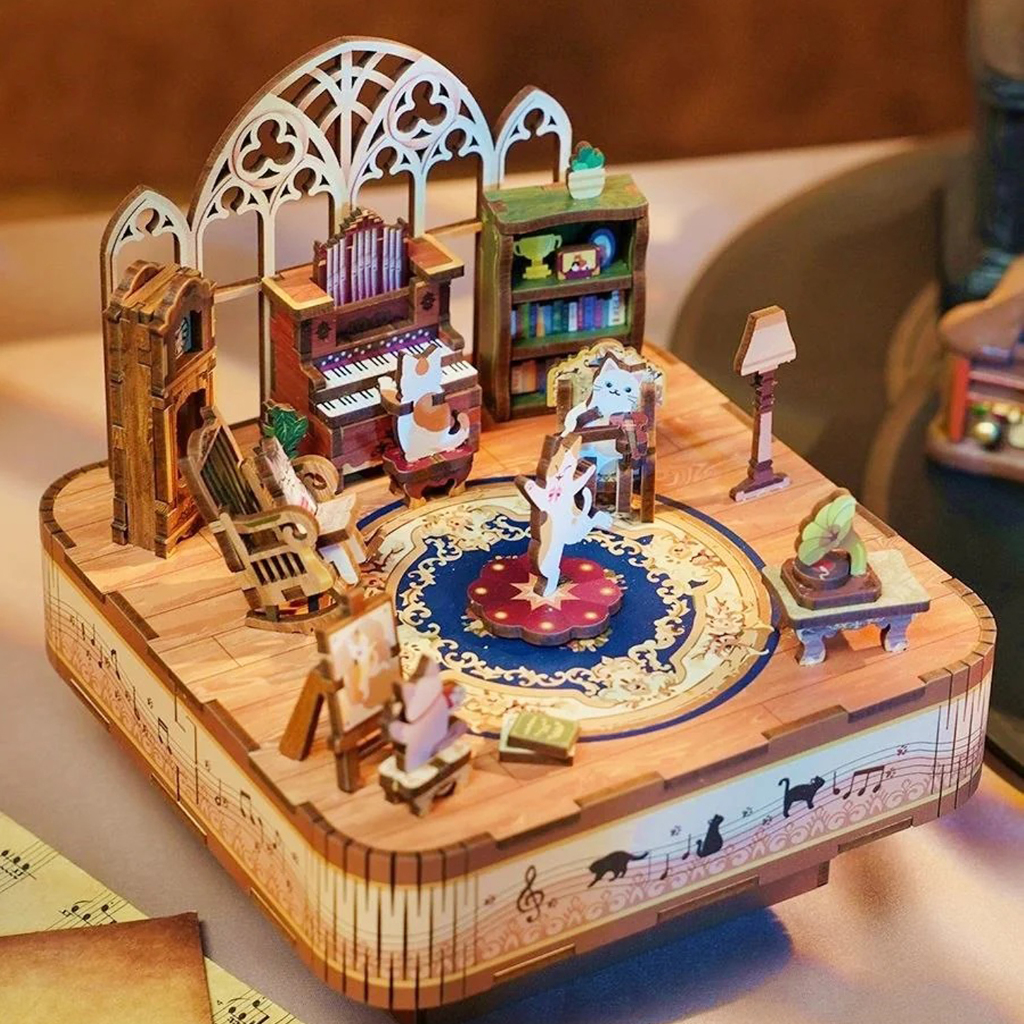 Tonecheer Cats Family Music Box (TQ065) DIY Wooden Musical Movement Box ...