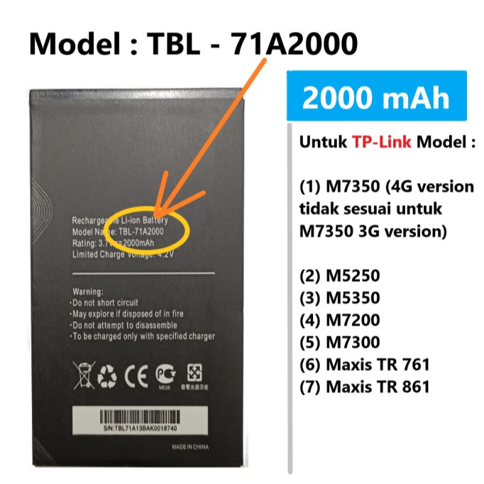 Cameron Sino Batteria Per TP-Link M5250, M5350, M7200, M7300, M7350 – 2000mAh, Certificata CE E RoHS