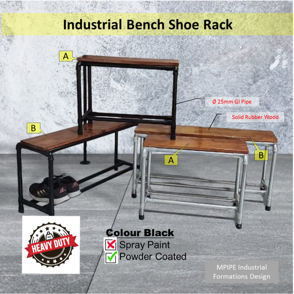 Bench shoe rack Rak Kasut metal pipe solidrubber wood Entryway ...