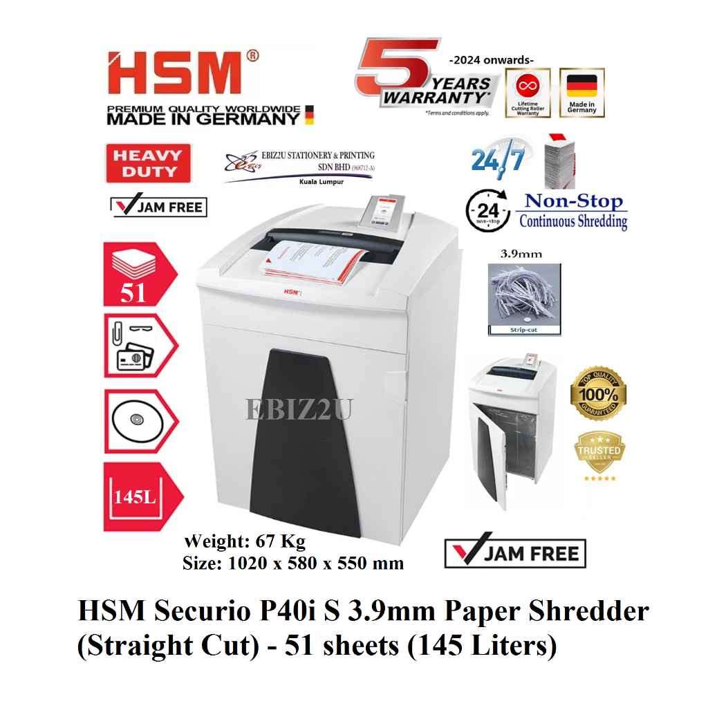 HSM Securio P40i S 3.9mm Paper Shredder (Straight Cut) - 51 sheets (145 ...