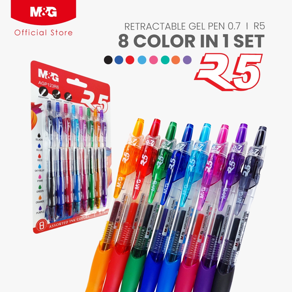 M&G Pen Gel R5 0.7mm – 8 Warna dalam 1 Set | Teks Lancar, Multicolor ...