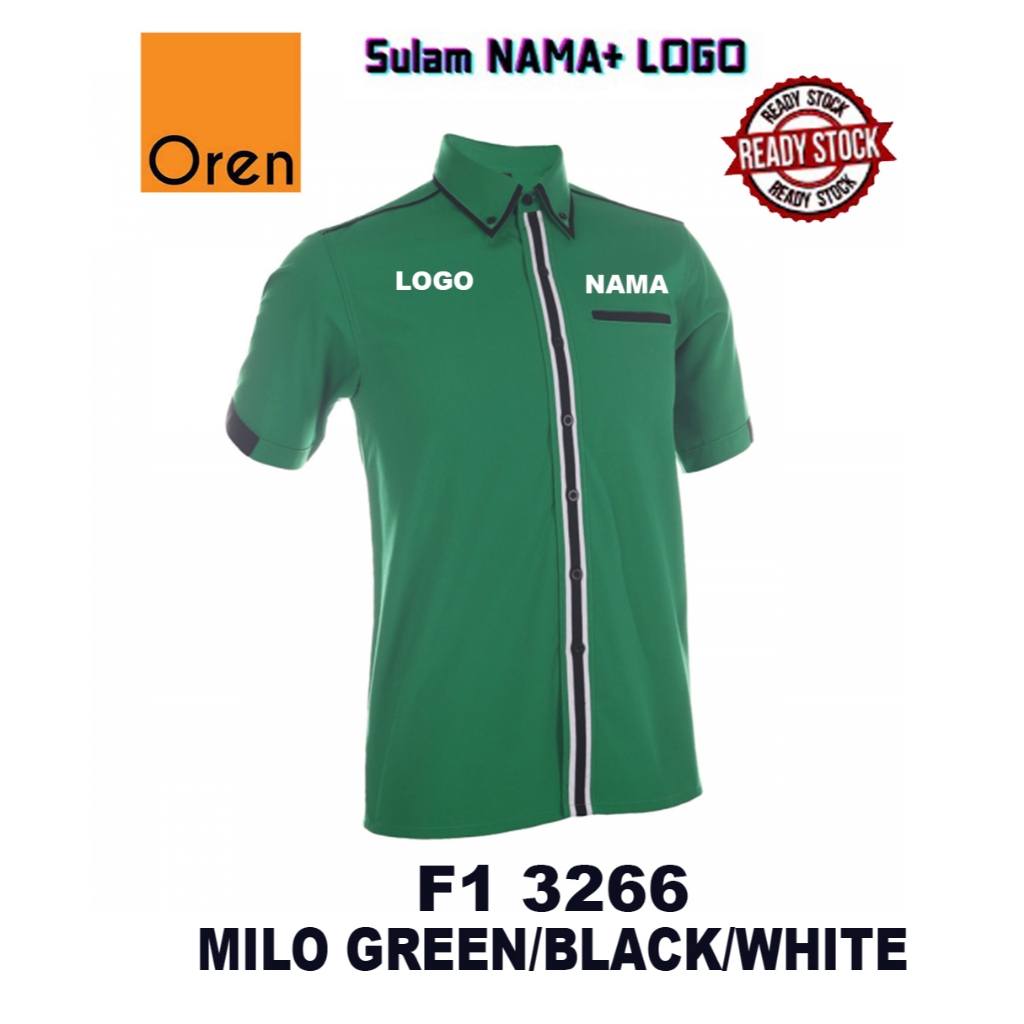 BAJU KORPORATE HIJAU PENDEK SULAM LOGO DAN NAMA F1 3266 JENAMA OREN